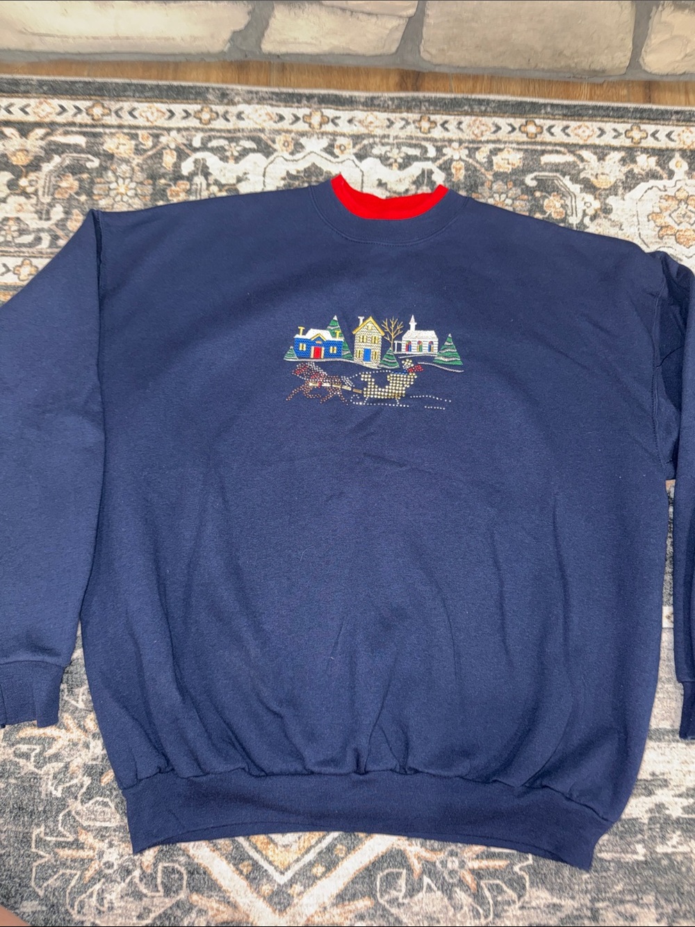 Vintage Christmas Theme Navy Crewneck Sweatshirt with Festive Embroidered villag